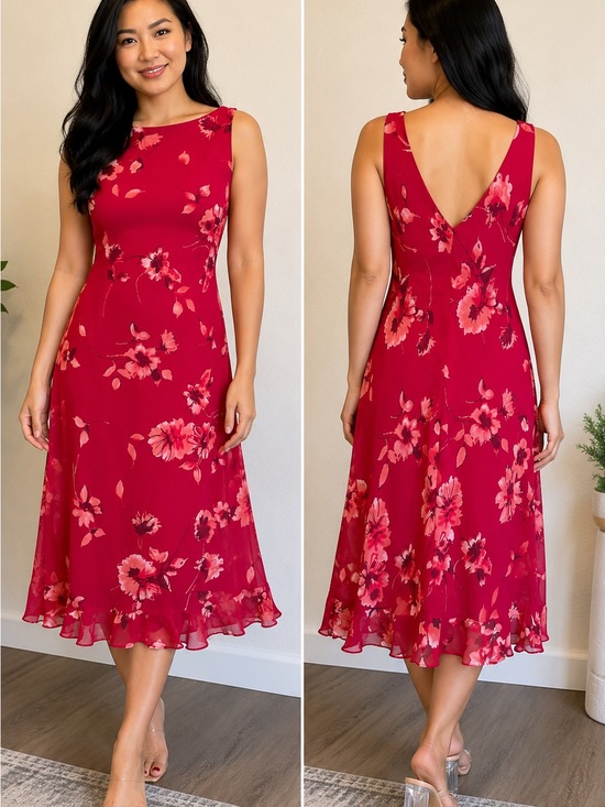 Johnnie M Dresses & Skirts - Johnnie M. Red Floral Midi Dress – Size 14